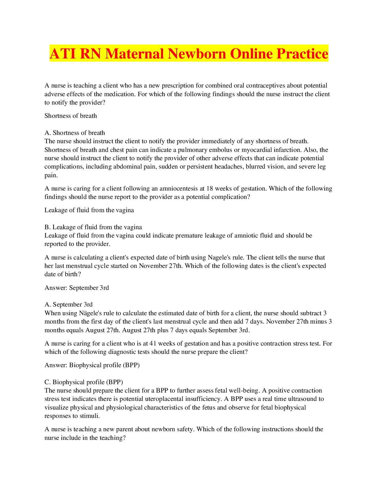 Preview image for ATI RN Maternal Newborn Online Practice